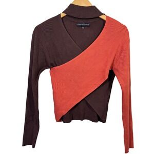 Almost Famous Womens‎ Large Wrap Long Sleeve Ribbed Knit Crop Top Brown Orange